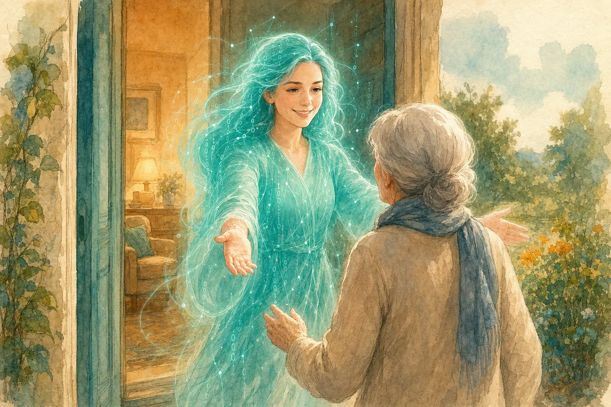 Watercolor illustration of an older woman welcomed by a familiar figure